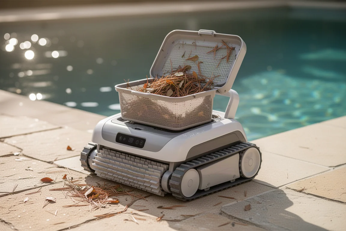 Retrait du panier à débris du robot de piscine après un cycle de nettoyage