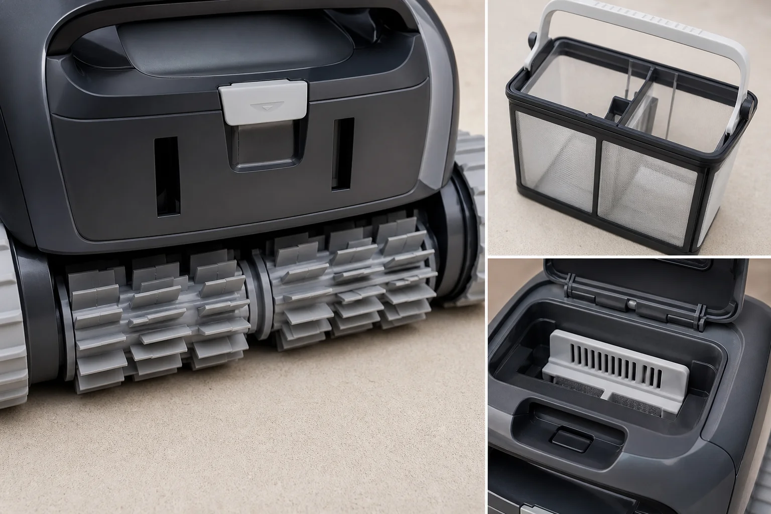 Primo piano degli accessori spazzola e degli slot di raccolta del robot