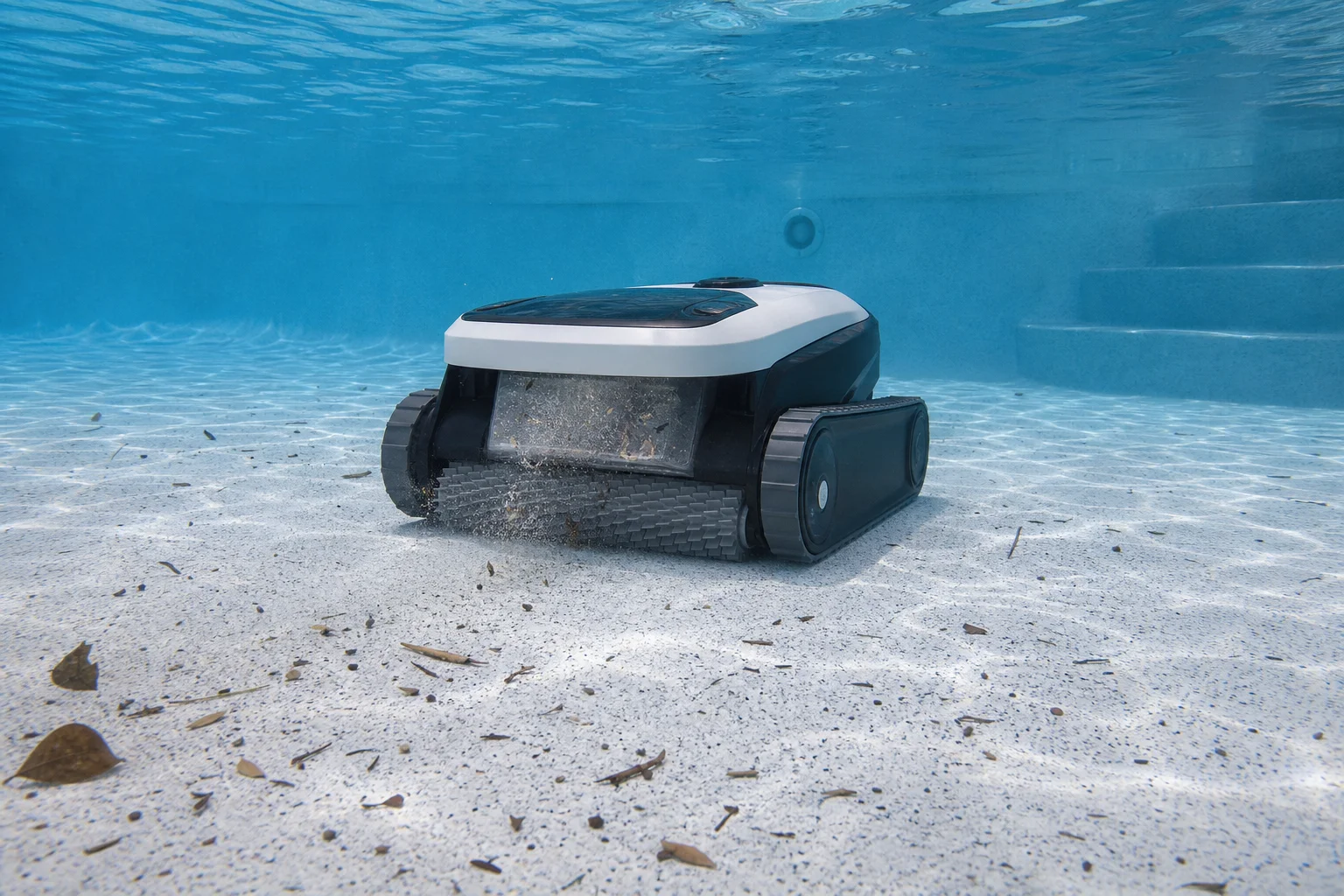 Robot per piscina che raccoglie detriti e foglie dal fondo durante il ciclo di pulizia