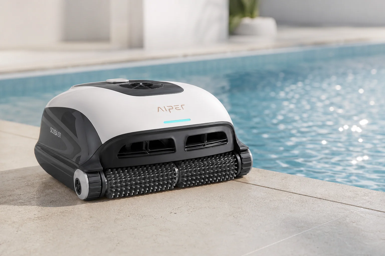 Beatbot AquaSense Pro pool cleaning robot at pool edge with blue water