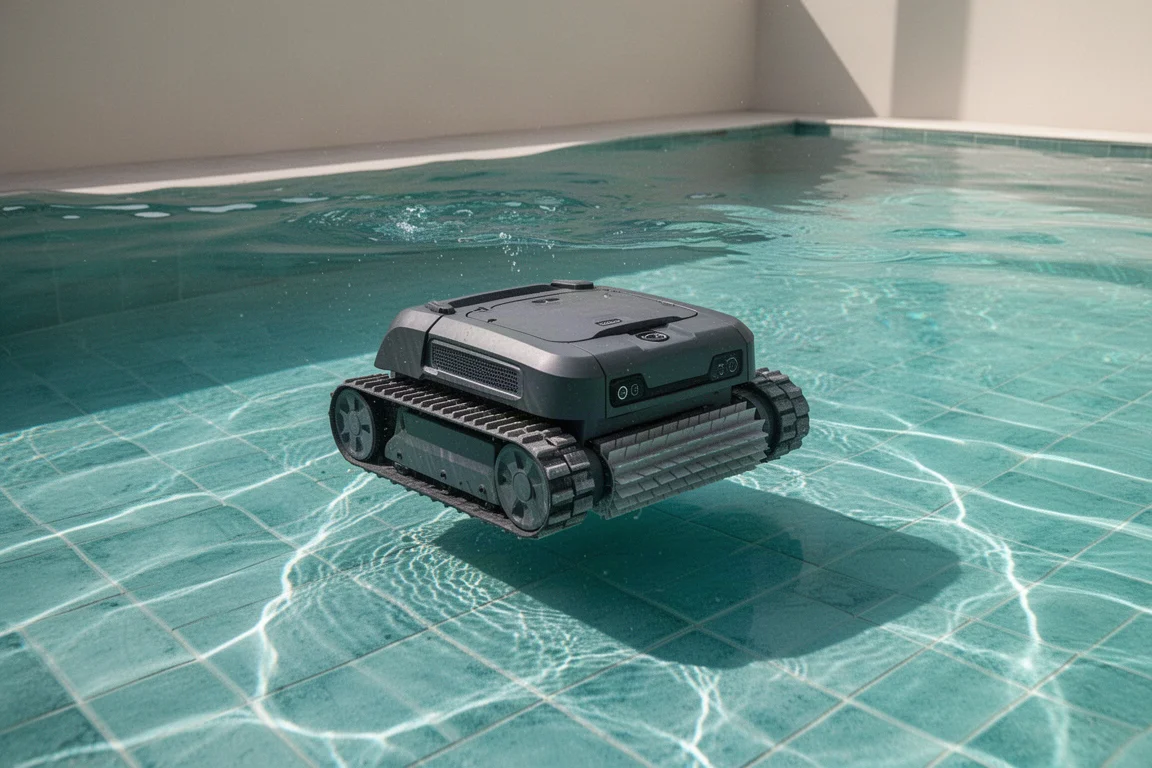 Robotpoolzwembadreiniger die in helder zwembadwater zakt