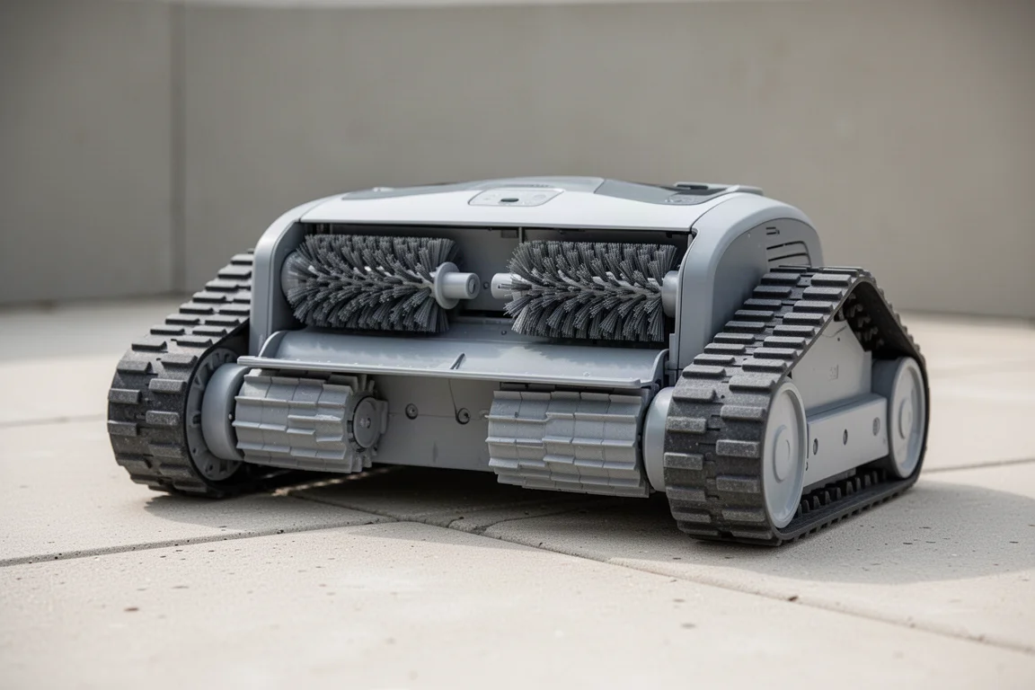 Detailopname van borstelrollen en rupsbanden van een robotpoolzwembadreiniger