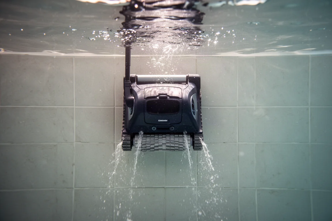 Robotpoolzwembadreiniger die langs de waterlijn een zwembadwand beklimt