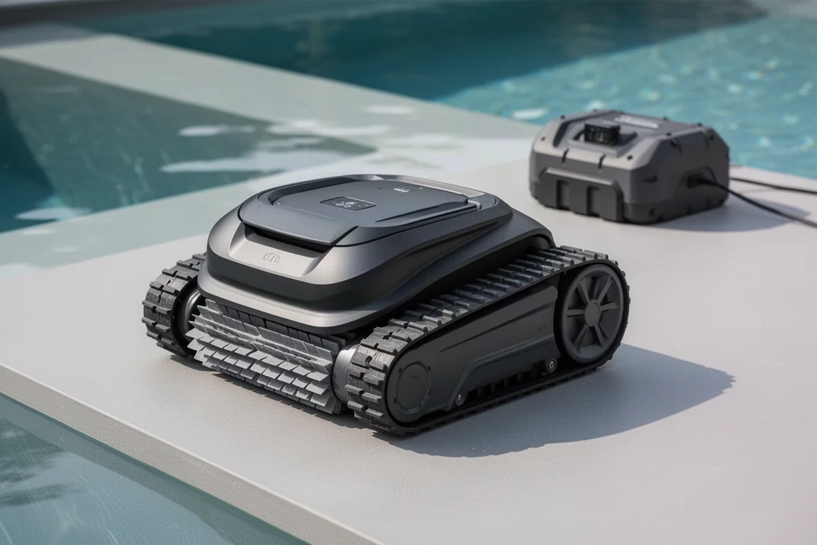 Cordless robotic pool cleaner with treads beside a pool edge