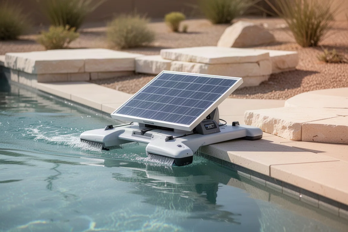 Robotische zwembadskimmer glijdt langs de rand van een zwembad in de zon
