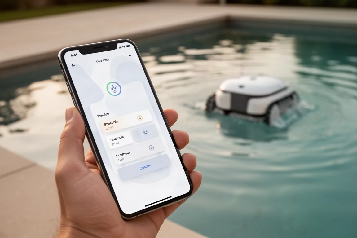 Smartphone-app met besturingsinterface voor een zwembadrobot, buitenshuis