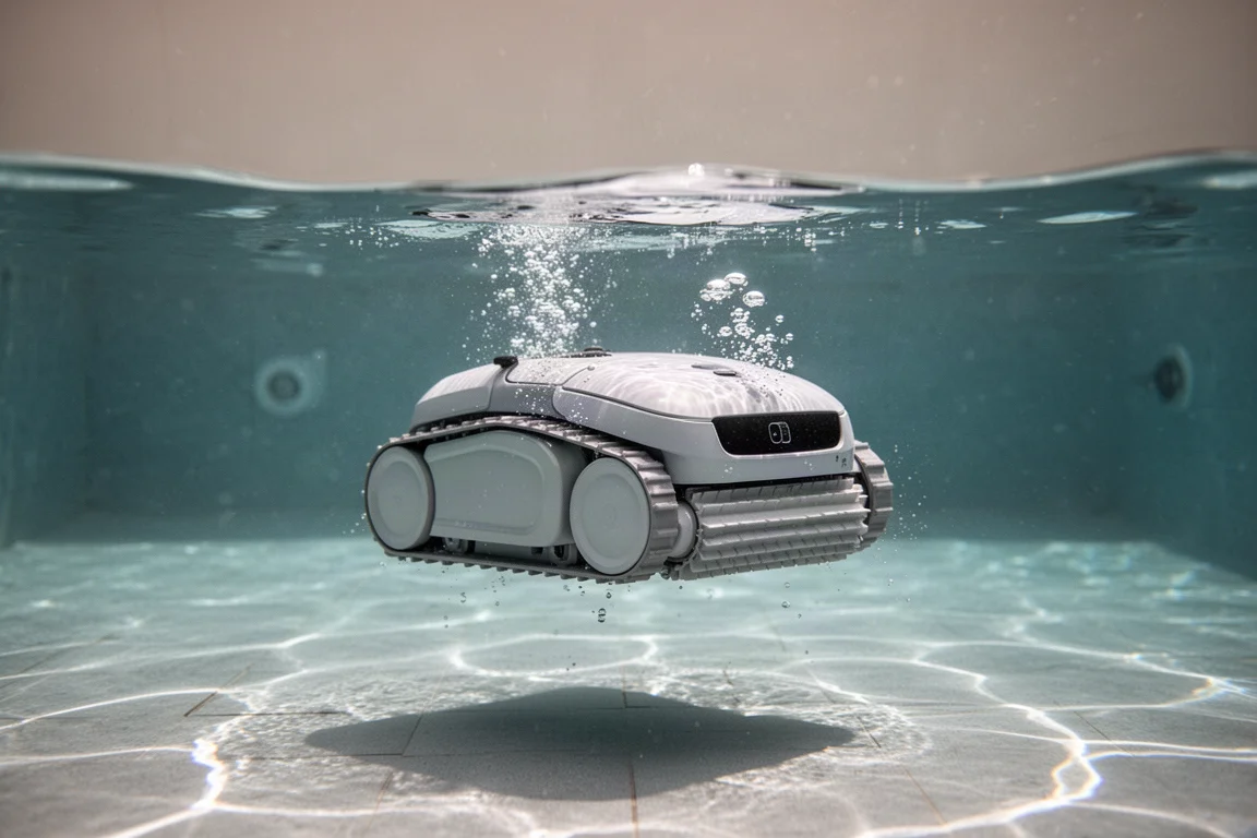 Robotpoolcleaner zakt langzaam weg onder het heldere zwembadwater
