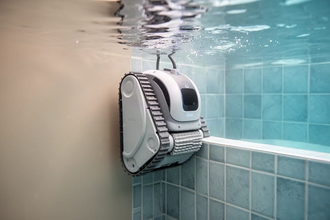 Robotcleaner klimt tegen een zwembadwand om tot op de waterlijn te schrobben