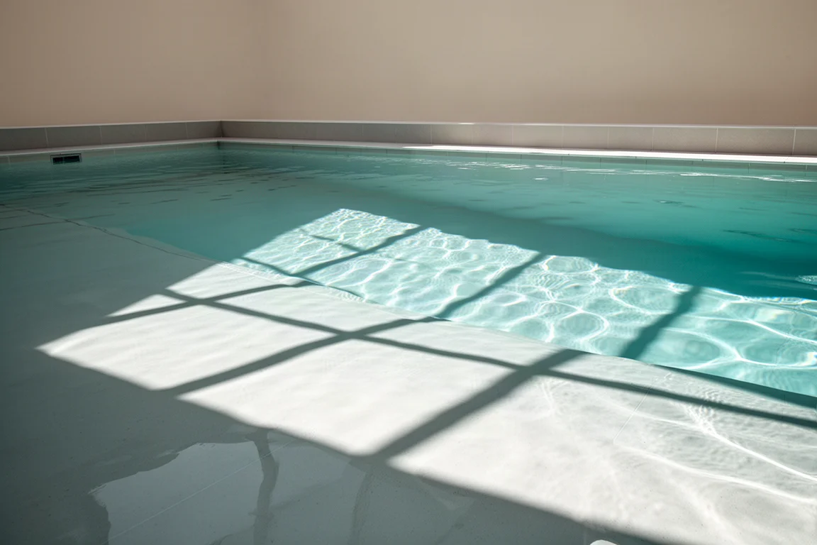 Kristalhelder zwembadwater na een clarifierbehandeling, zonlicht op de bodem
