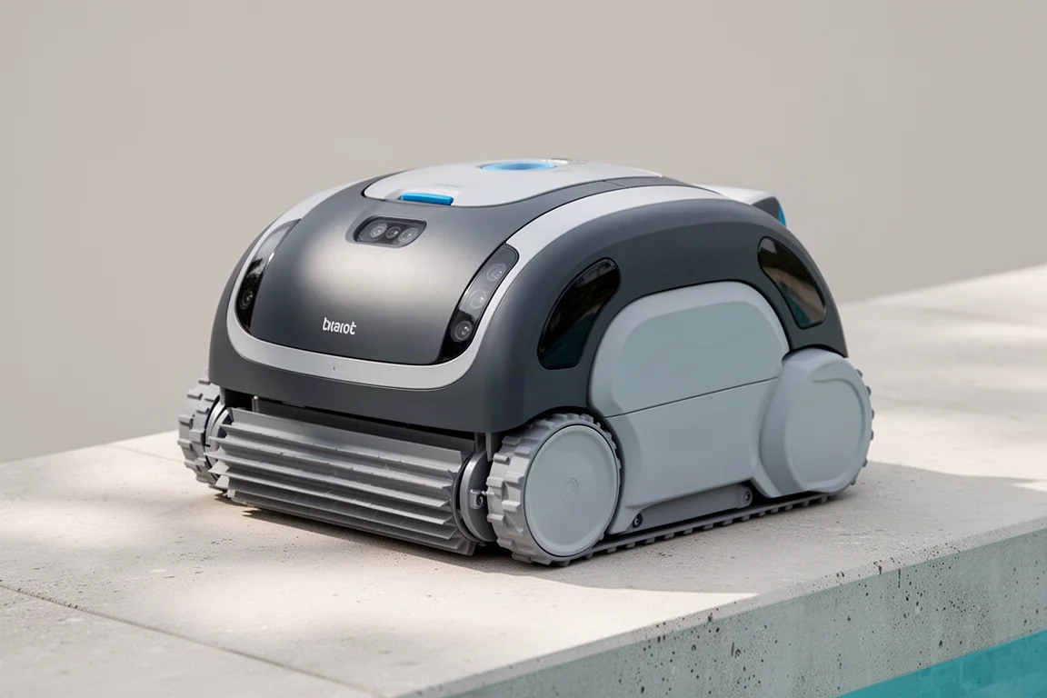 Beatbot robotpoolzwabber op een lichte betonnen rand bij het zwembad