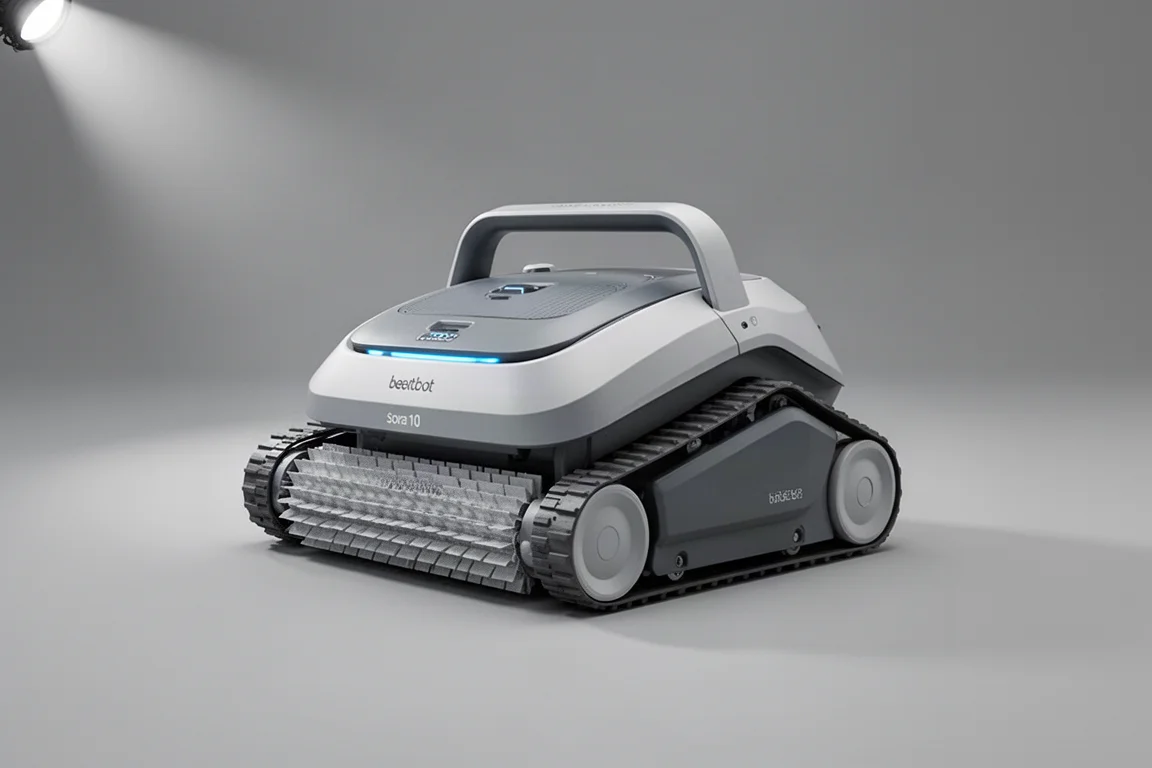 Ten robotic pool cleaners arranged in two rows on concrete beside a pool