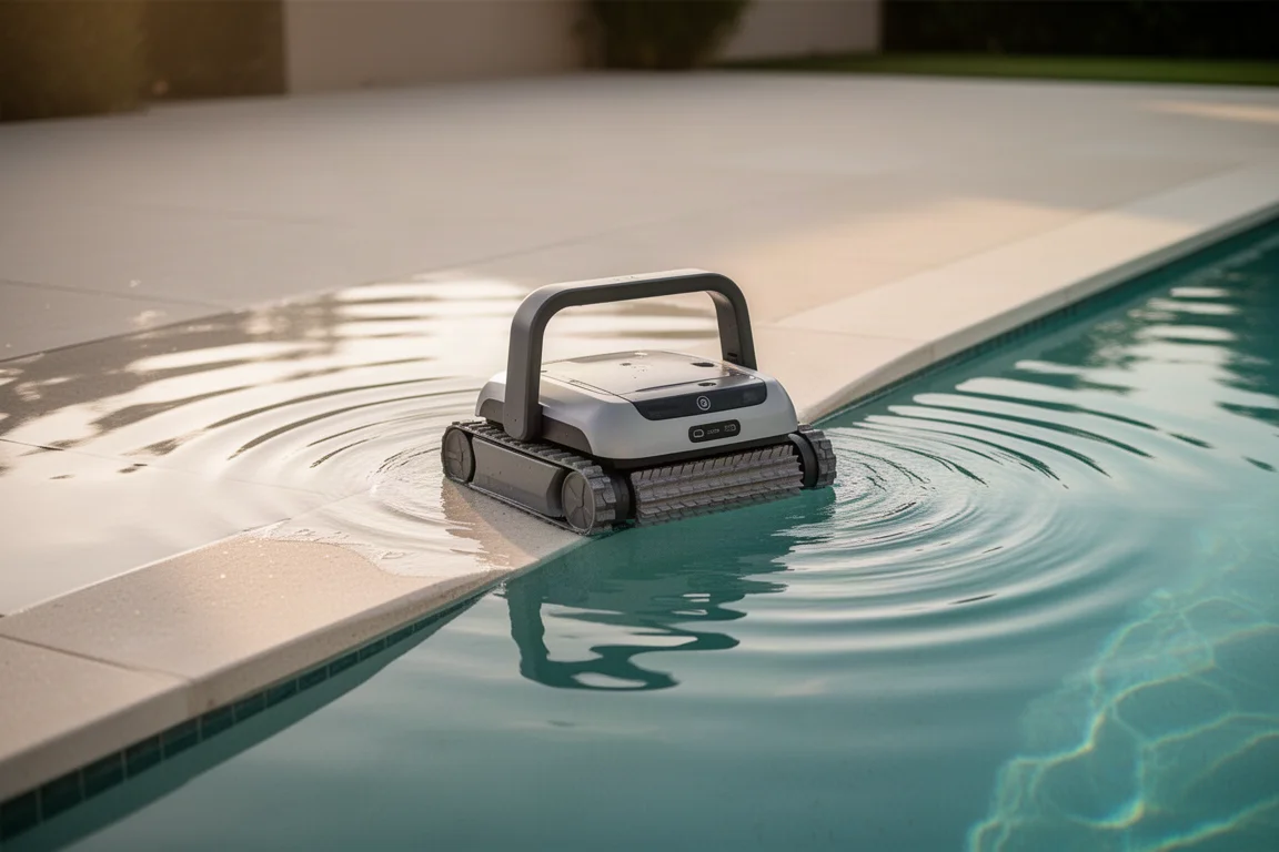 Robotmaaiende zwembadreiniger gedeeltelijk onder water in een zwembad op de waterlijn