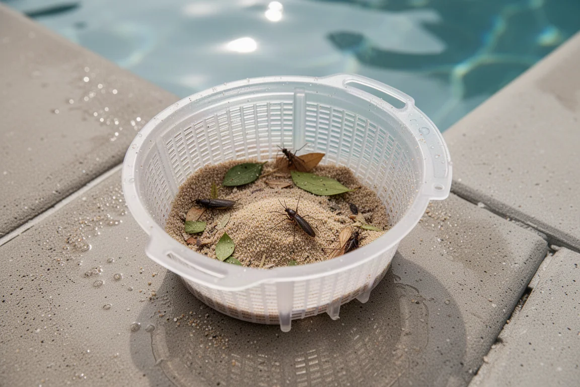 Vuilbak van een zwembadrobot gevuld met zand, bladeren en dode insecten