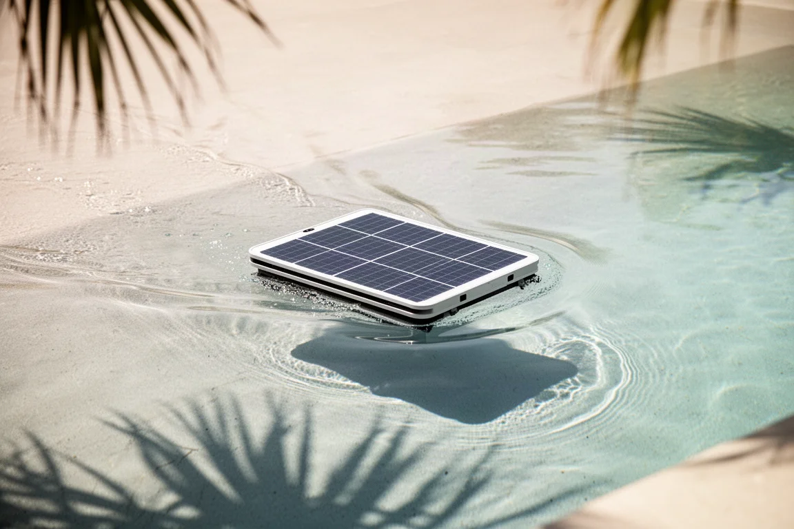Op zonne-energie werkende oppervlakte-skimmer die over schoon zwembadwater glijdt
