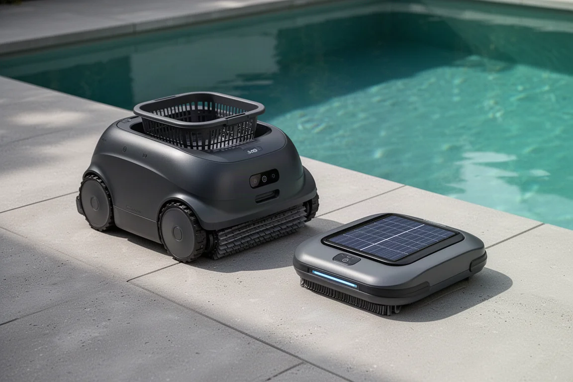 Beatbot Sora 30 and IceSkim pool robots side by side on a pool deck