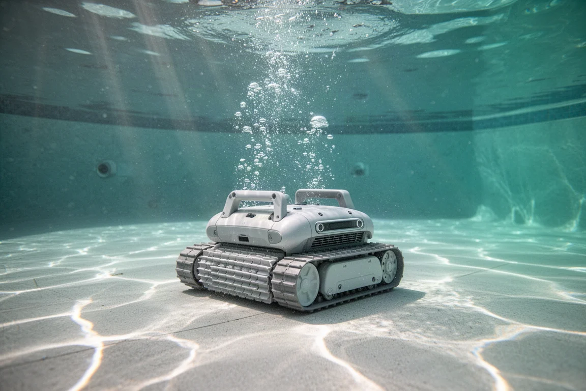 Robot nettoyeur de piscine au fond d'une piscine claire avec des bulles autour de lui