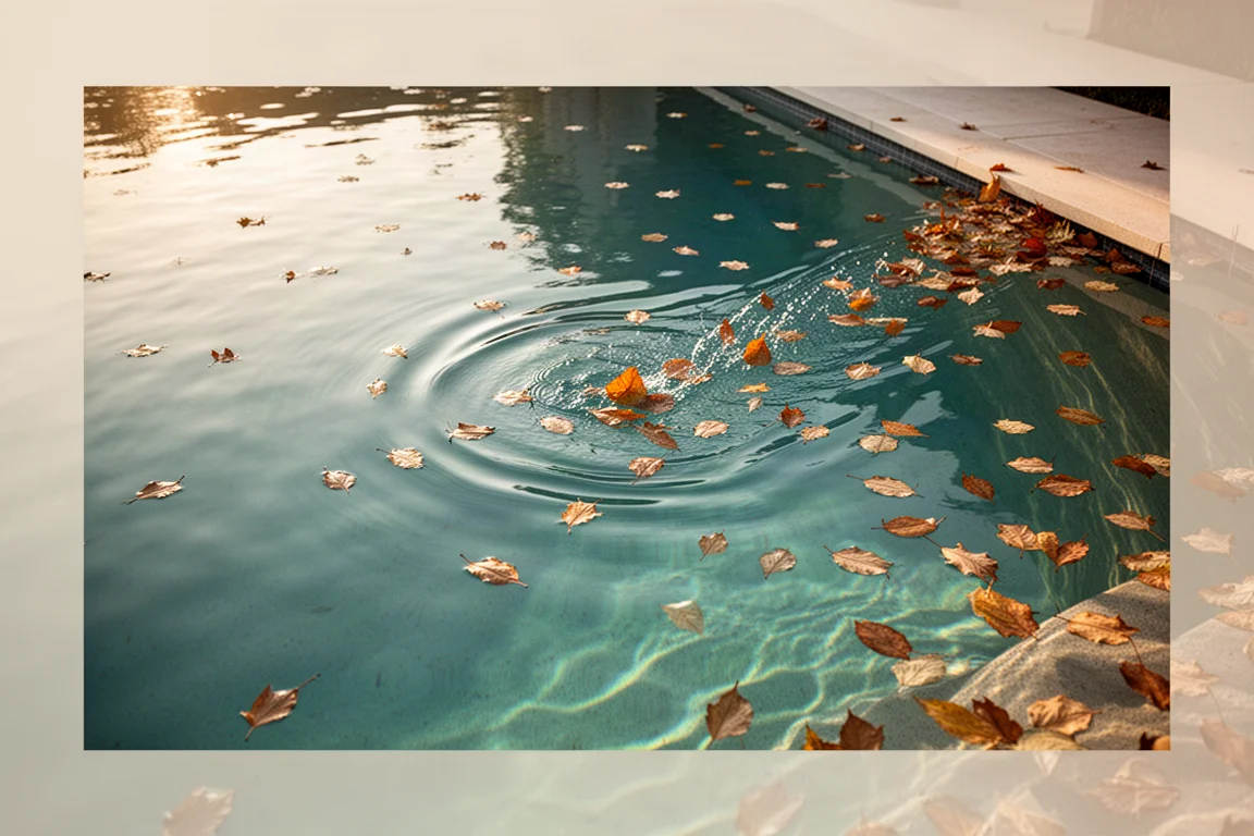 Surface de la piscine skimée avec des feuilles rassemblées vers le robot