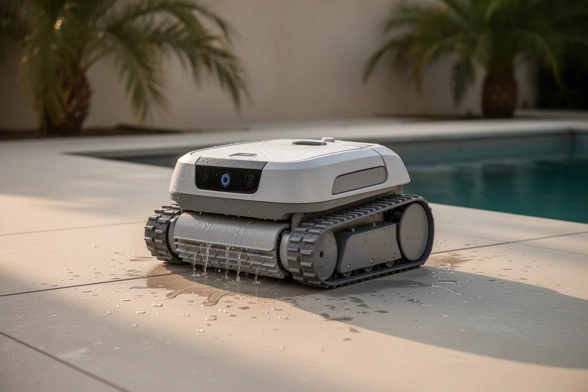 Robot nettoyeur de piscine qui s'égoutte sur une plage de piscine avant d'être rechargé à l'ombre
