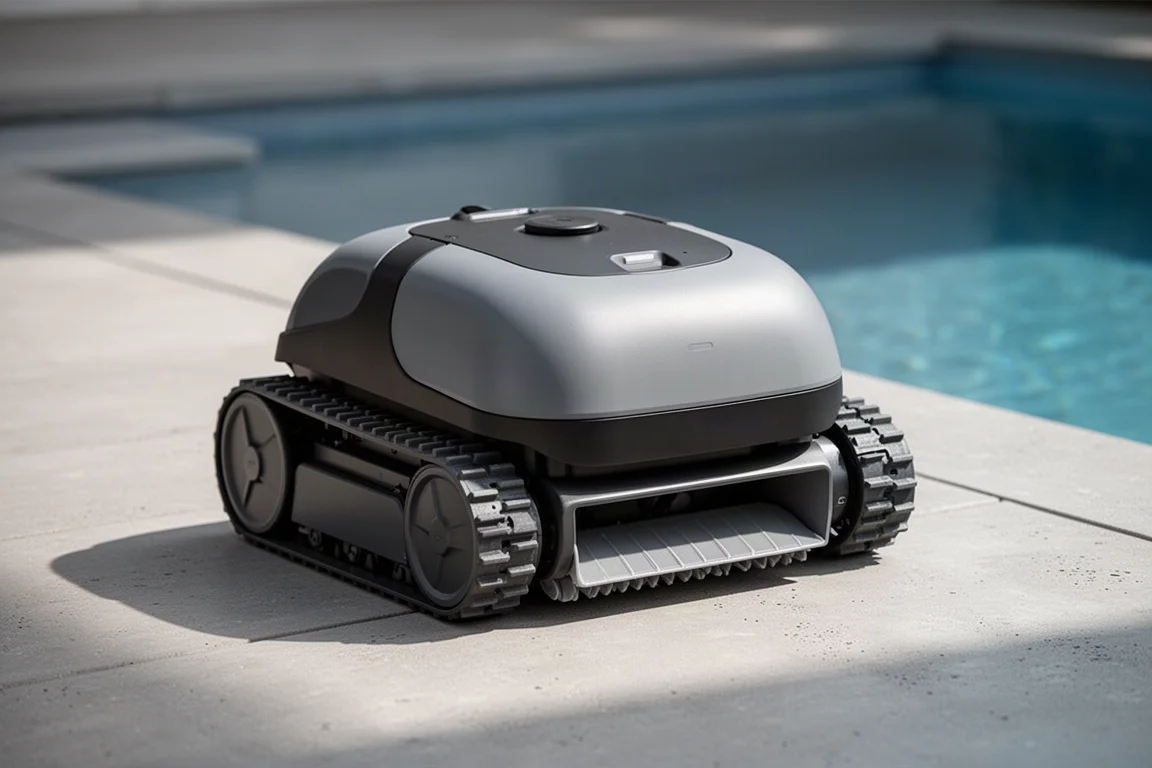 Robot nettoyeur de piscine Beatbot Sora 70 sur une plage de piscine en béton
