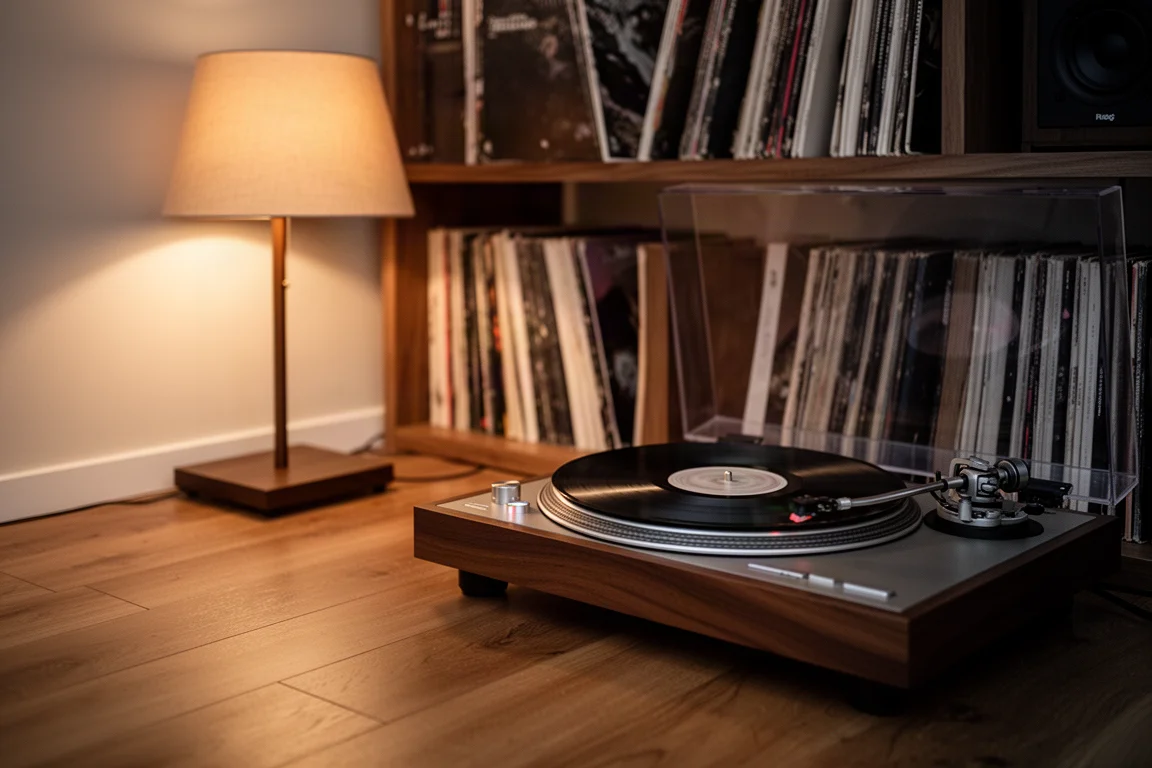 Gramofon odtwarzający płytę w ciepło oświetlonym pokoju odsłuchowym z półkami na winyle