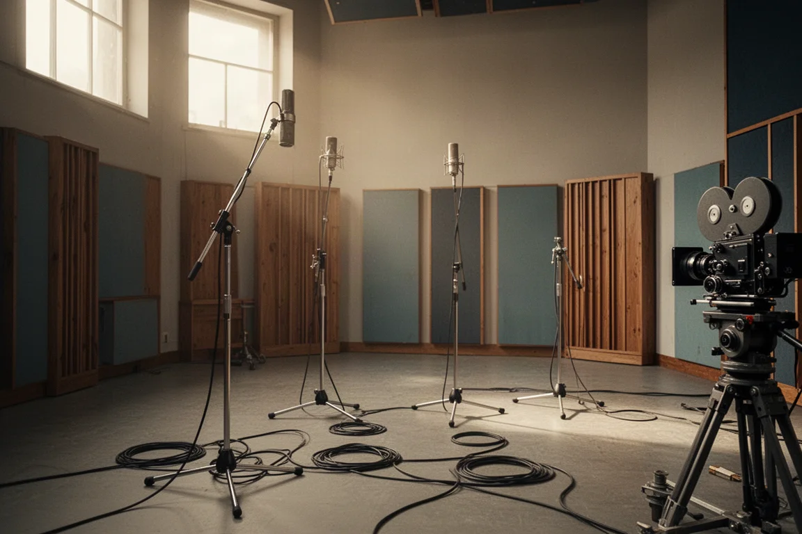 Puste vintage'owe studio dźwiękowe z mikrofonami, kablami i rigiem kamery filmowej