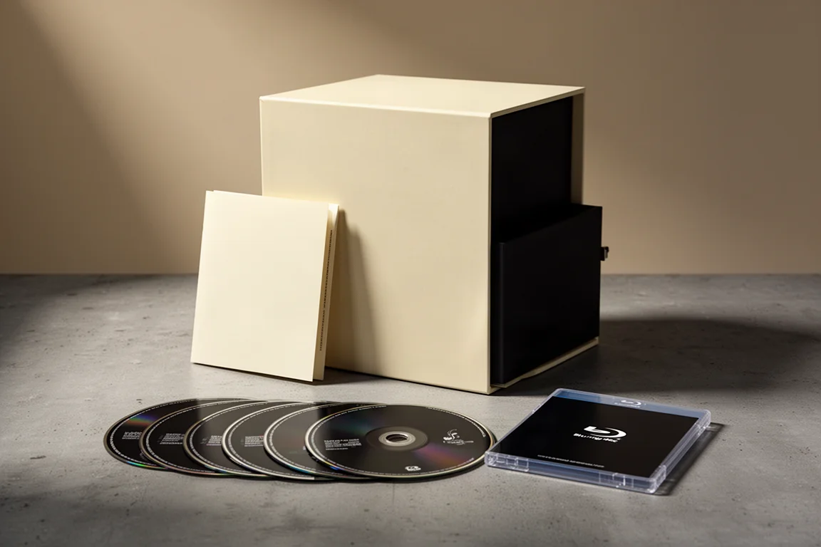 Large cream music box set with booklet, compact discs and a Blu-ray case on concrete