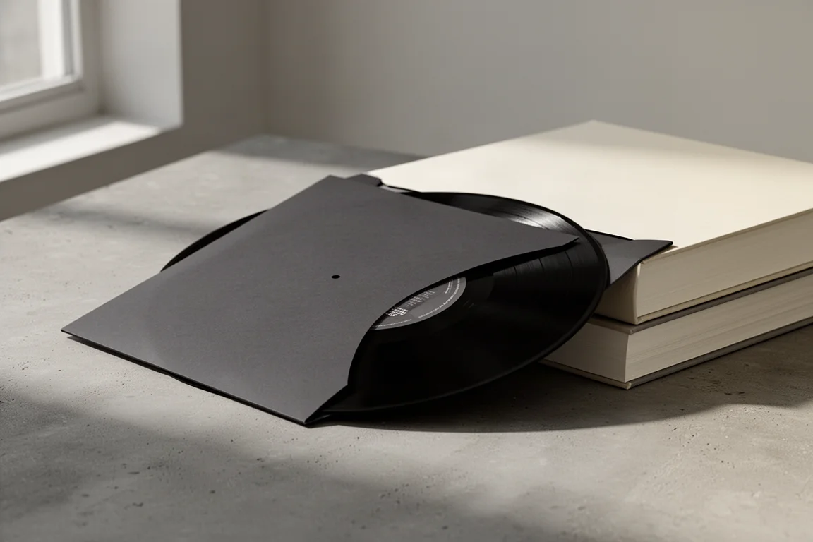 Vinyl record, plain sleeve, and large hardcover book arranged on a concrete surface