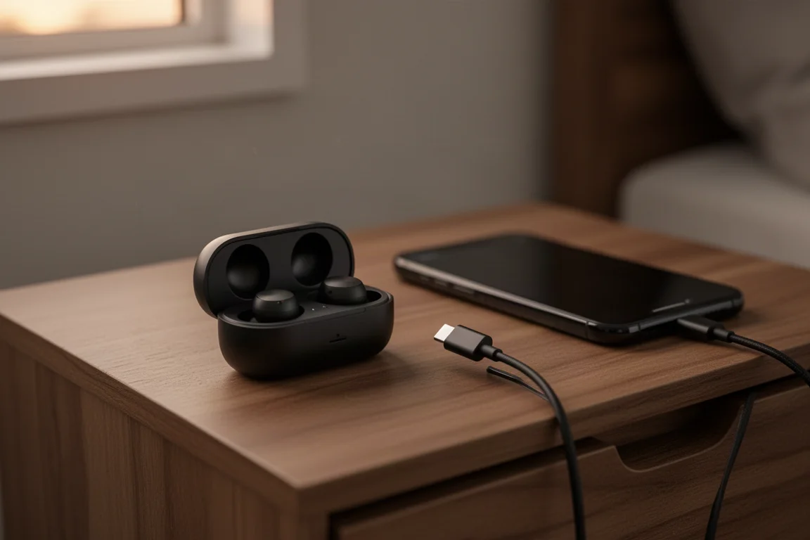 打開的耳機充電盒以 USB-C 線連接，放在床頭櫃上