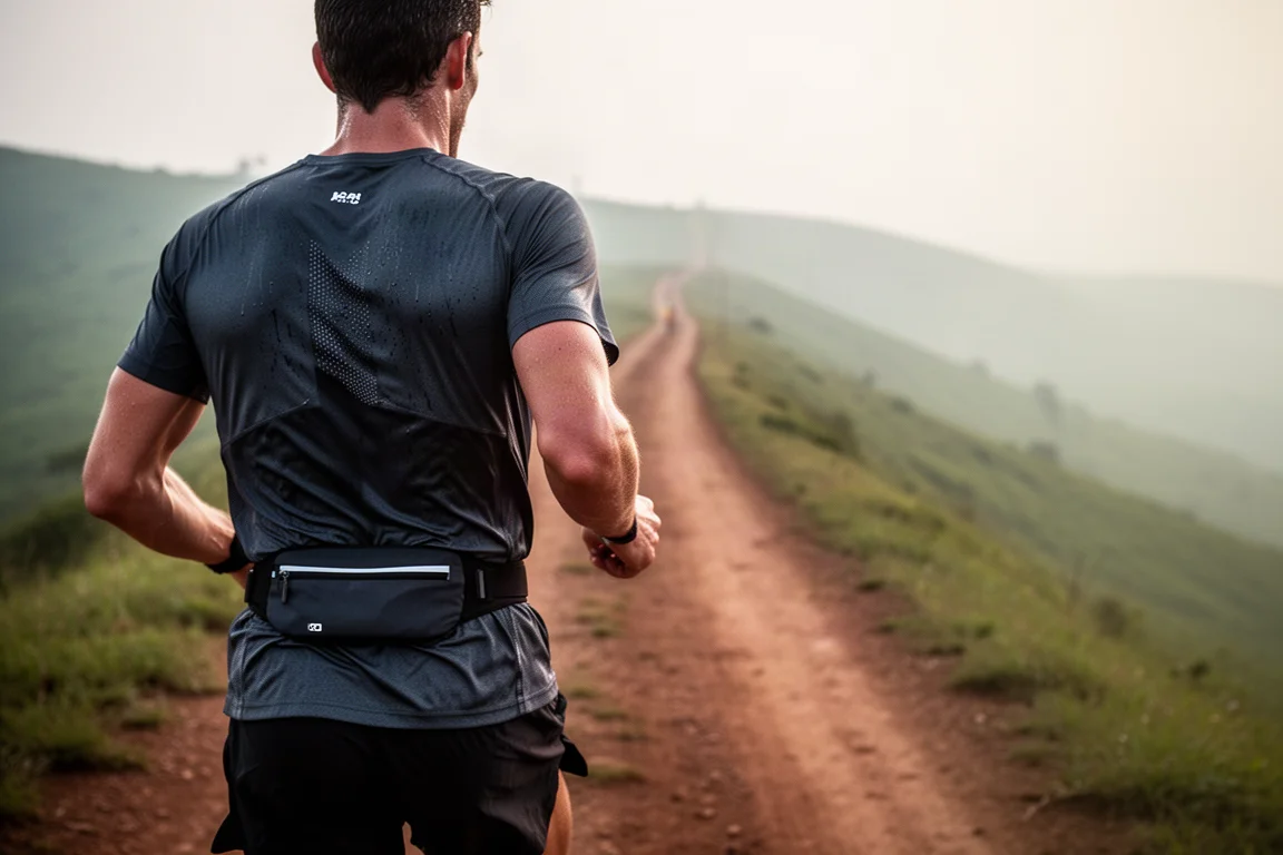 Corridore sudato su un lungo sentiero con una cintura portaoggetti in vita