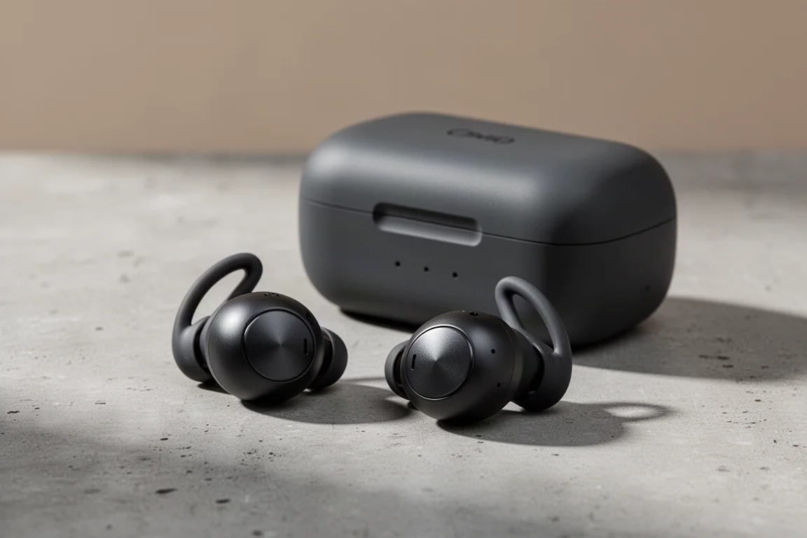 Black true wireless earbuds with wingtips beside their charging case on concrete