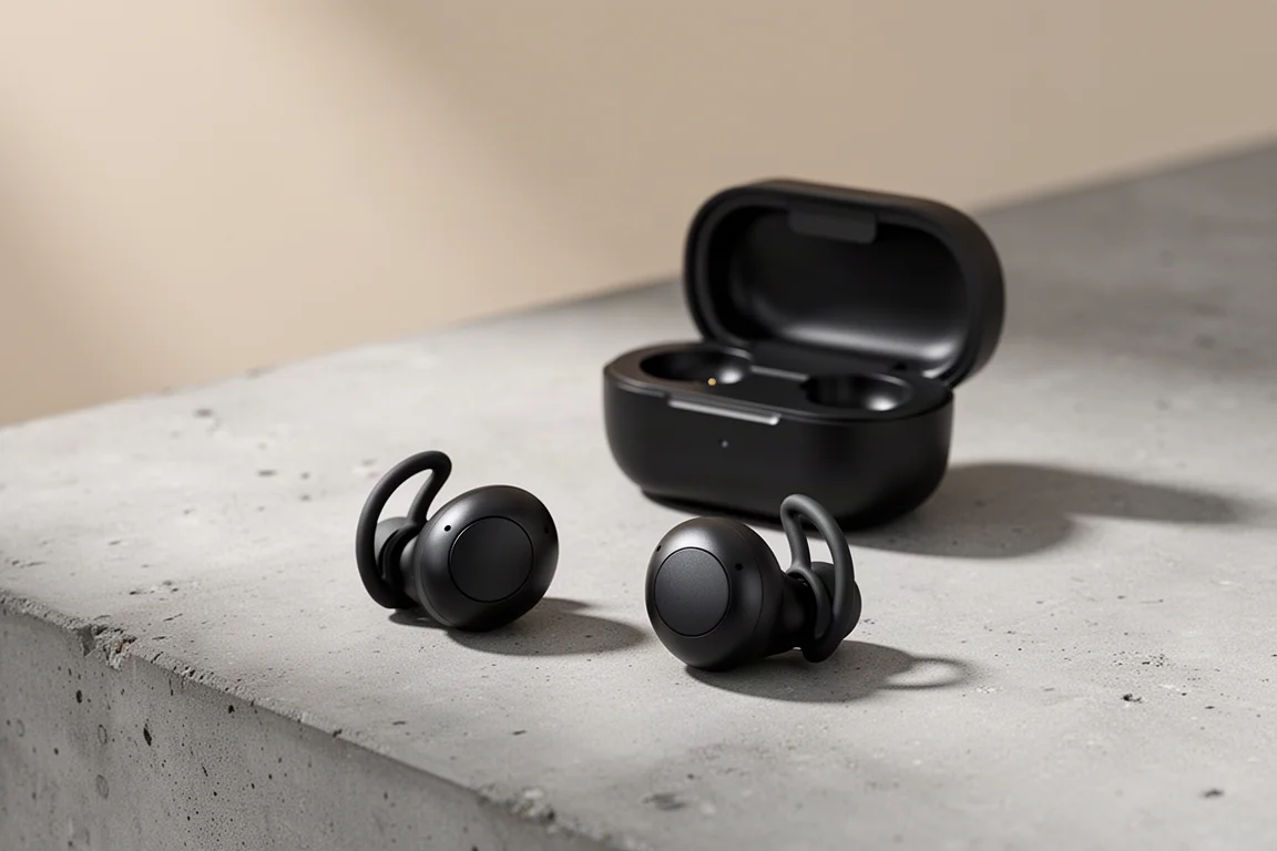 Beats Fit Pro 耳機連翼翼尖及充電盒放在石屎表面