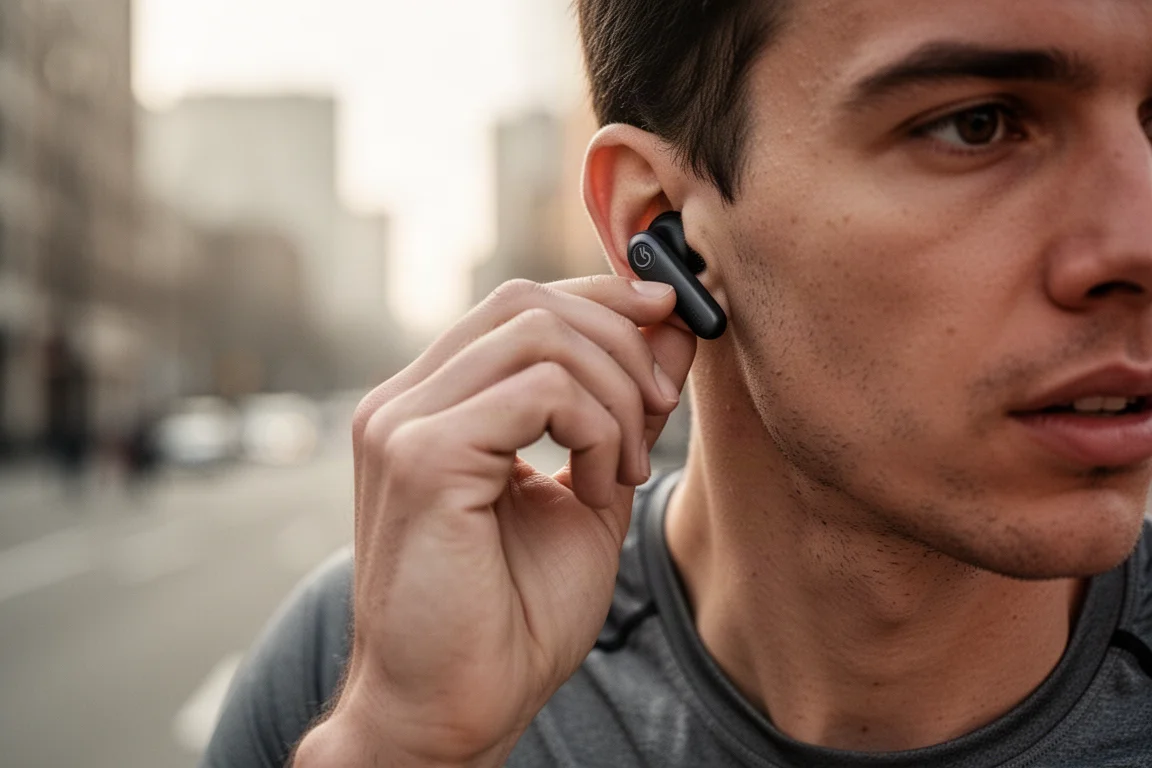 Runner putting on wireless earbuds before a morning run