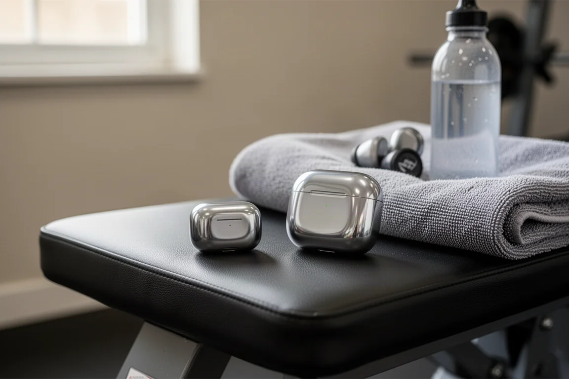Two small earbud charging cases resting on a gym bench
