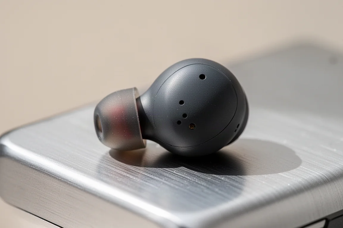 Close-up of an earbud highlighting its silicone tip and microphone