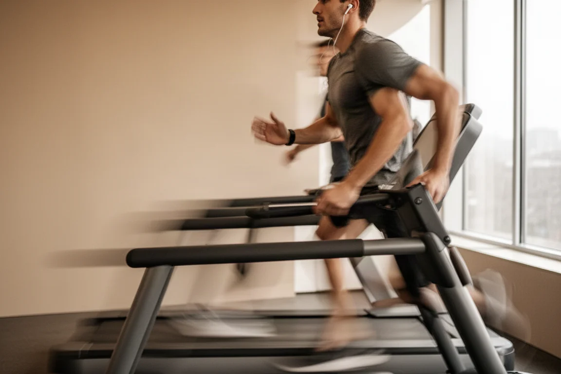 Runner wearing earbuds on a treadmill in a modern gym