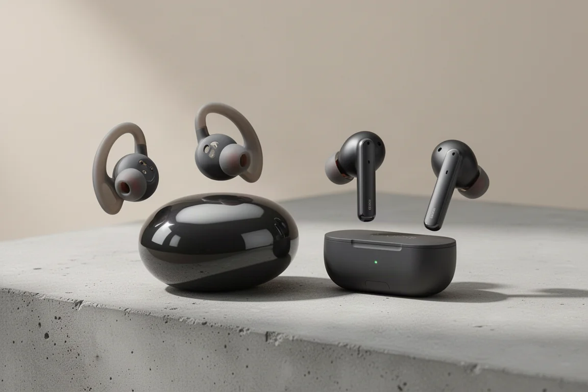 Two pairs of wireless earbuds and their charging cases on a concrete surface