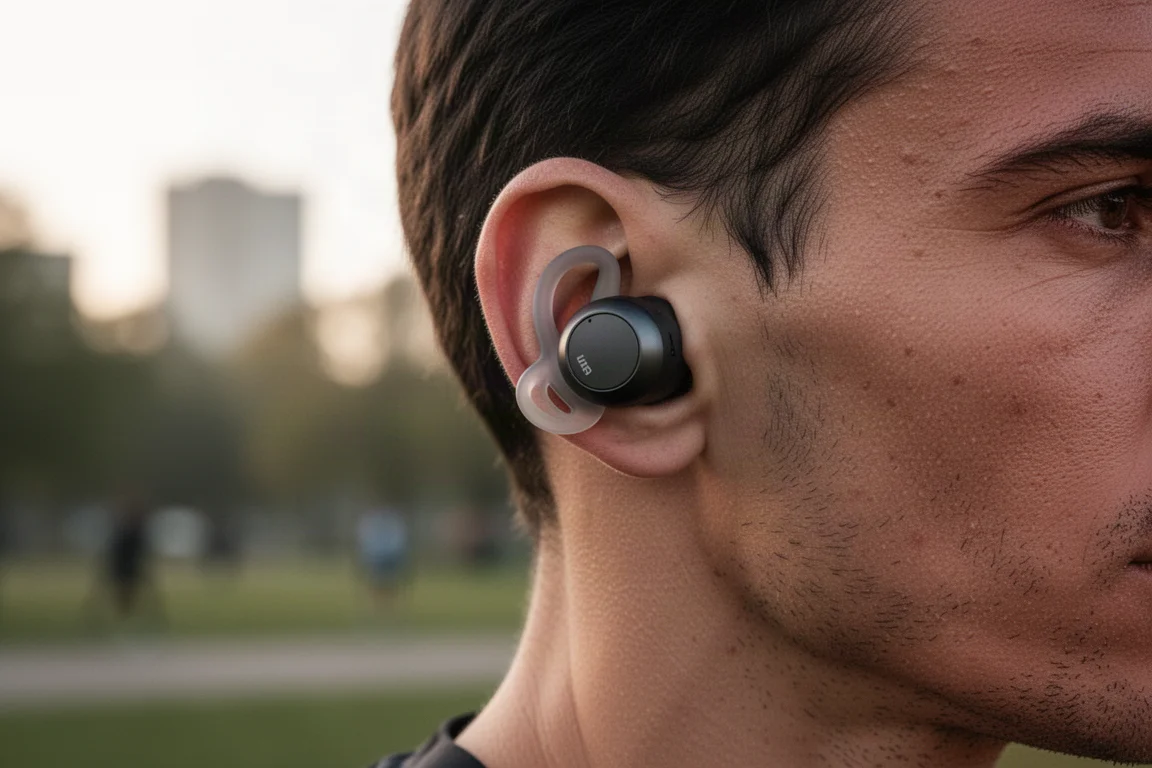 Läuferin passt einen sportlichen True-Wireless-Ohrhörer an, bevor sie zum Morgenlauf aufbricht