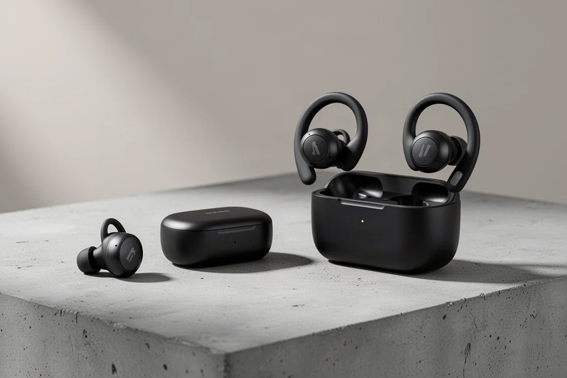 Beats Fit Pro wingtip earbuds and Powerbeats Pro ear hook earbuds with their charging cases on concrete