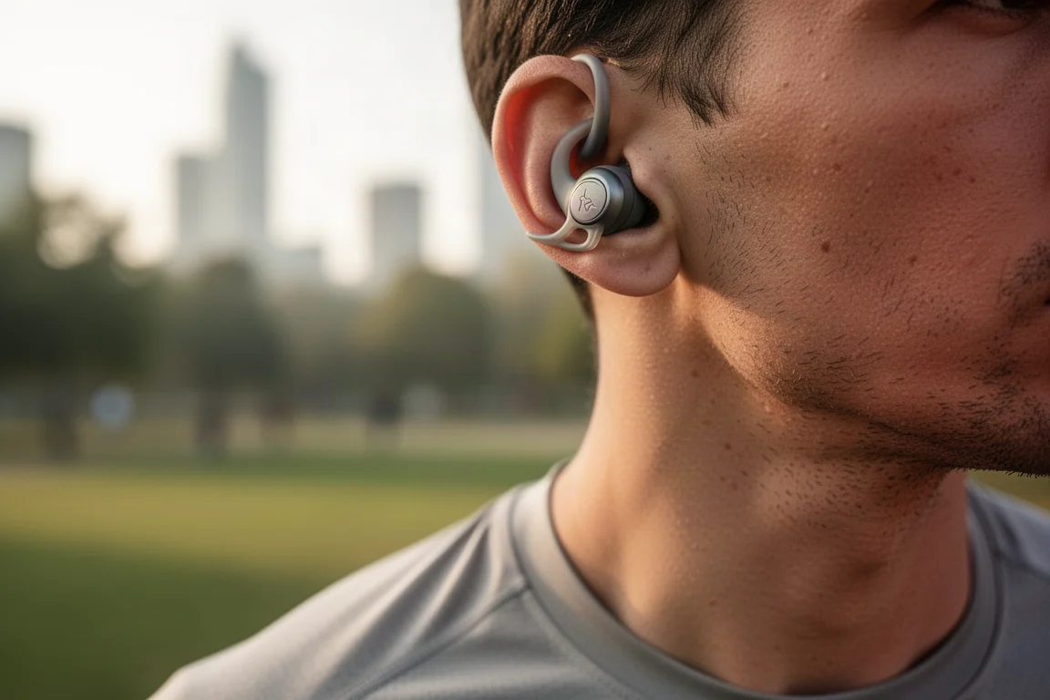 Corredor ajustándose un auricular antes de salir con luz suave de la mañana