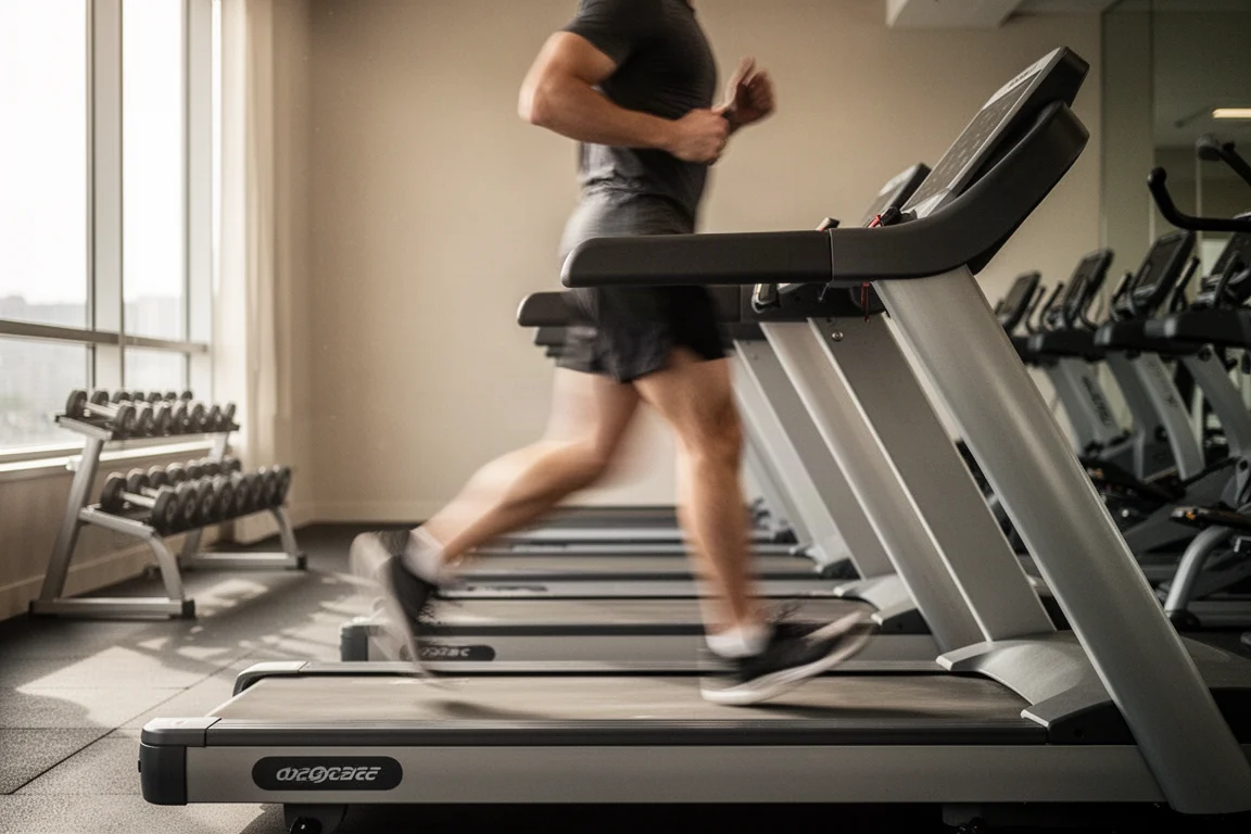 Corriendo en cinta en un gimnasio concurrido con el ruido ambiental difuminado