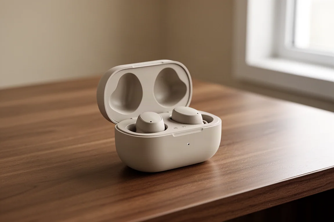 Auriculares colocados en su estuche de carga abierto sobre una mesa de madera