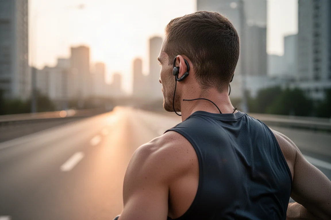 Runner che indossa auricolari sportivi con archetto su una corsa stradale all'alba
