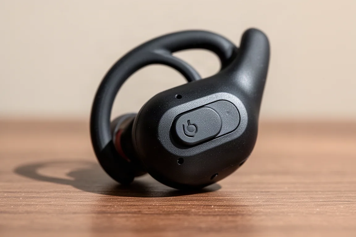 Primo piano dei tasti fisici su un auricolare sportivo con archetto