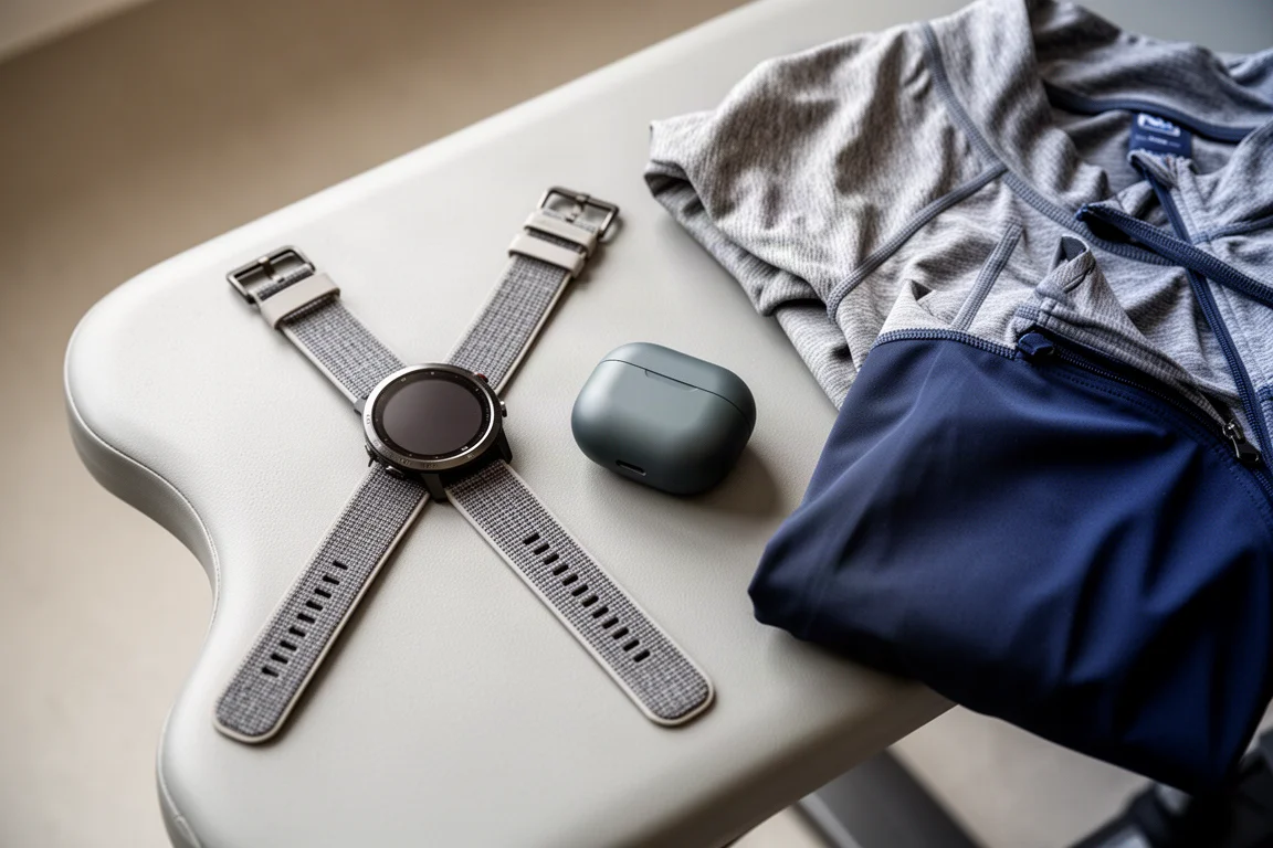 Orologio sportivo e custodia di ricarica degli auricolari su una panca in palestra