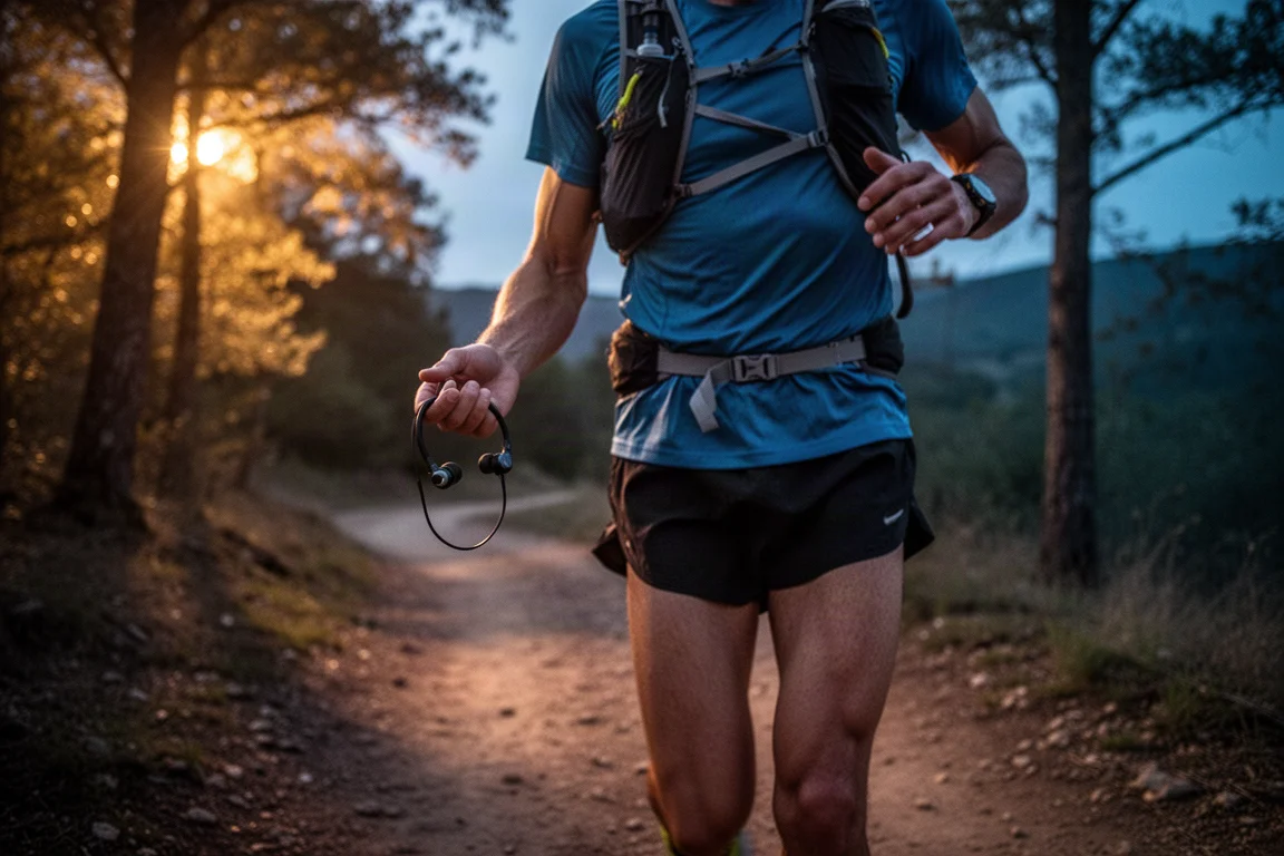 Runner in pausa su un sentiero al tramonto con gli auricolari in mano