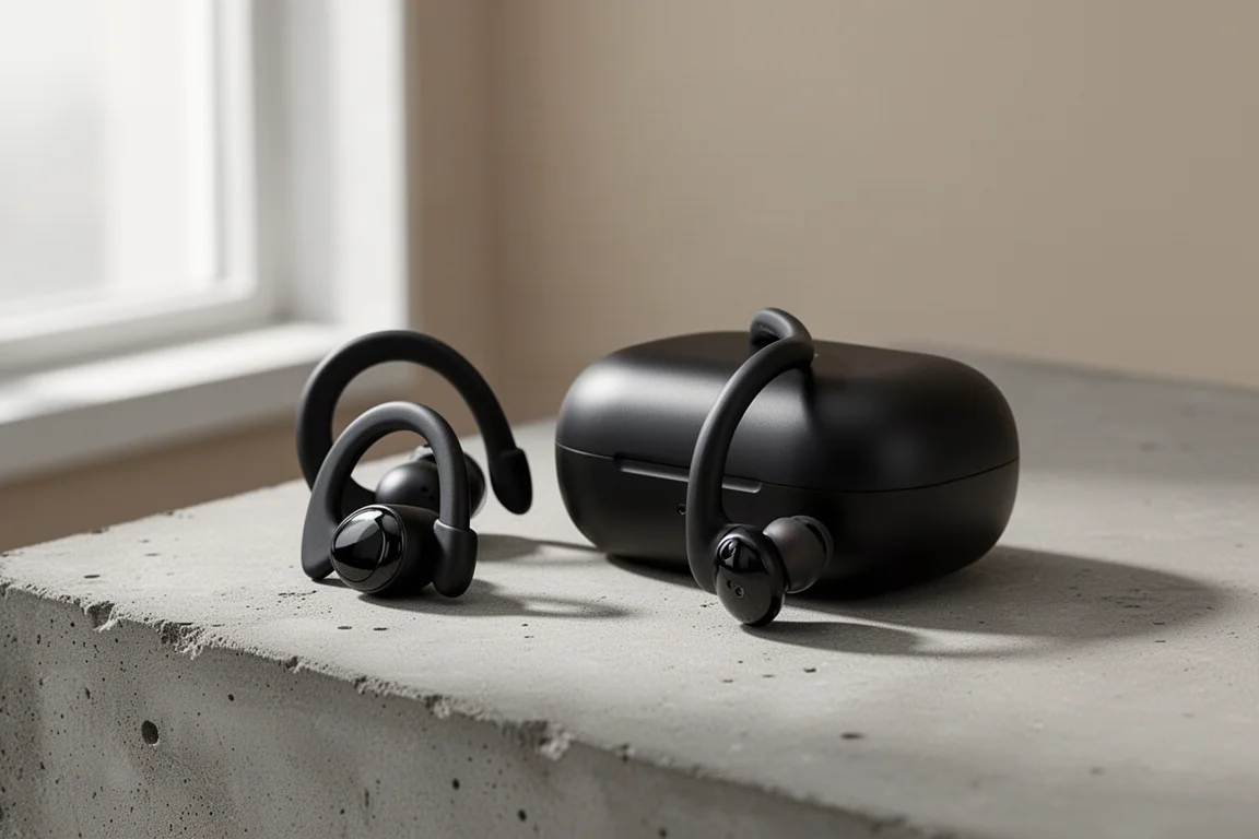 Auricolari sportivi neri con archetto sul gomito e custodia di ricarica su una superficie di cemento