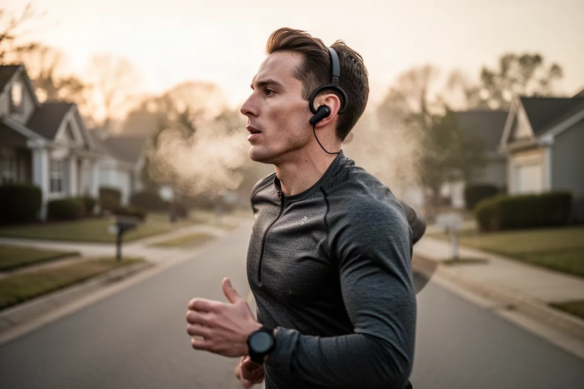 Runner con cuffie sportive con archetti per le orecchie durante una corsa mattutina su strada