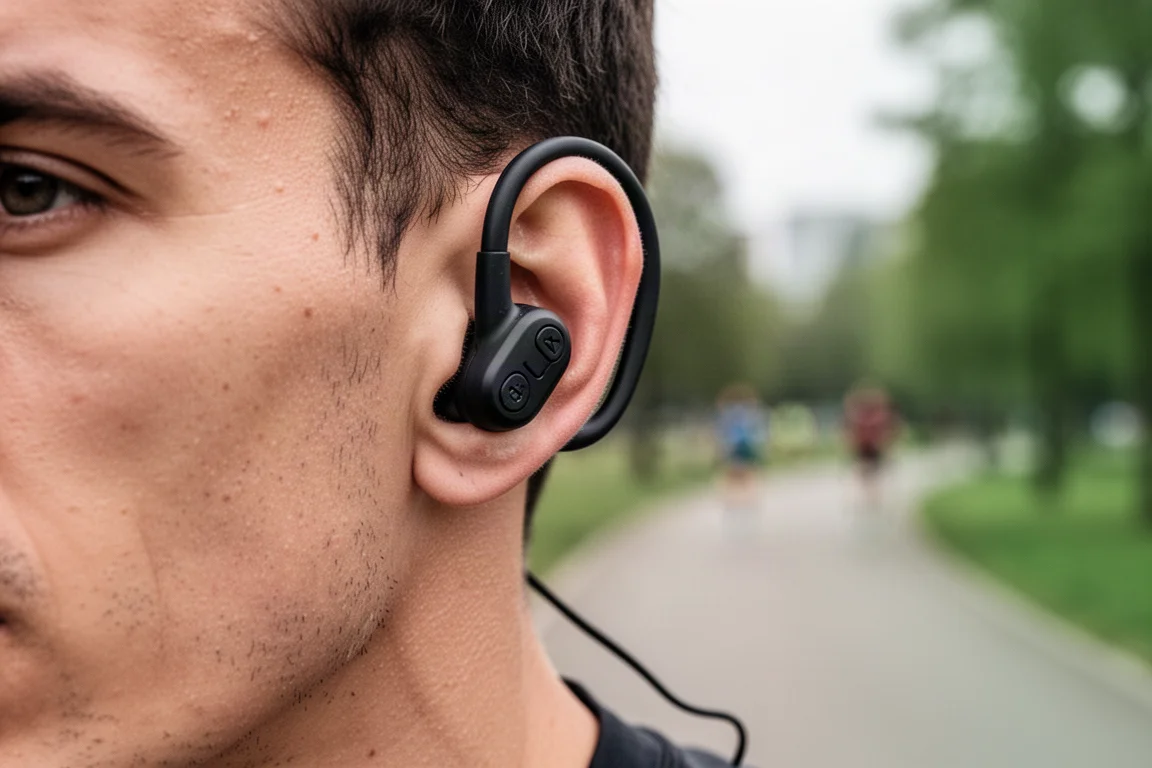 Runner che regola i pulsanti del volume delle cuffie durante una corsa su un sentiero urbano