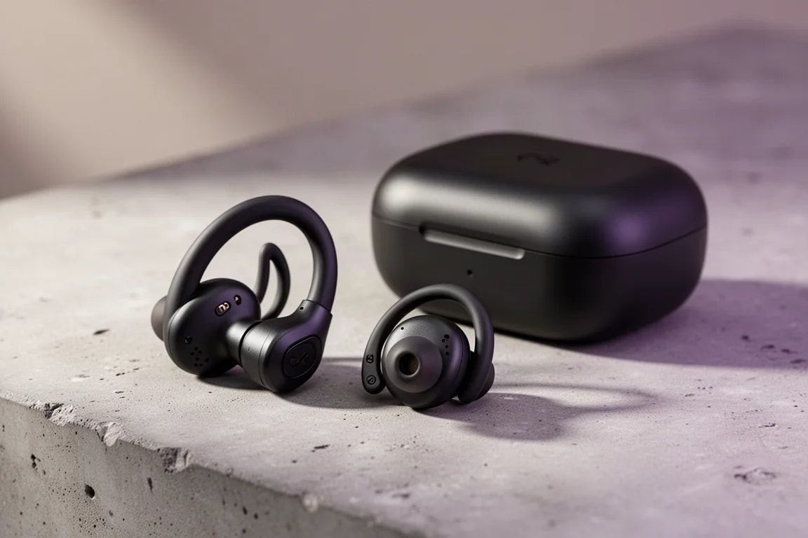 Black ear-hook sports earbuds beside a compact charging case on concrete