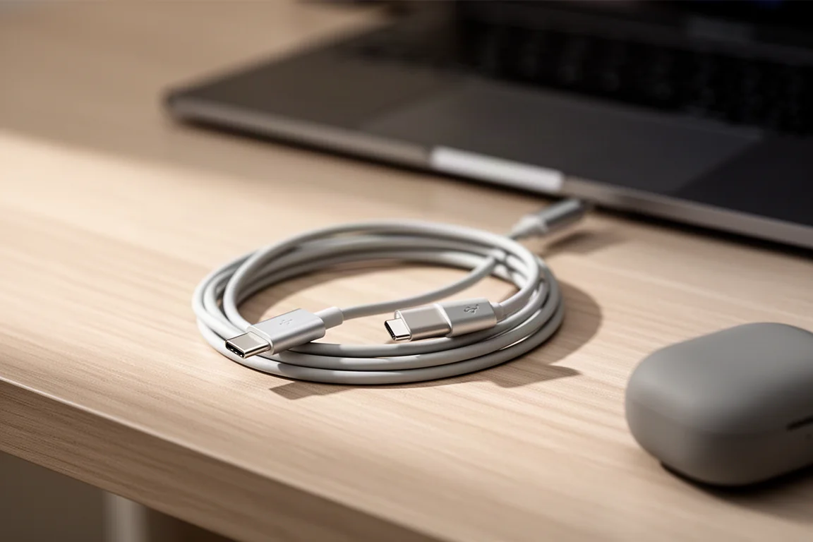 拉丝木桌边缘旁盘绕的 USB-C 充电线